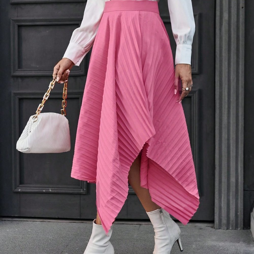 Pink Casual Womens Solid Hanky Hem Pleated Detail Skirt - Picture 5 of 5